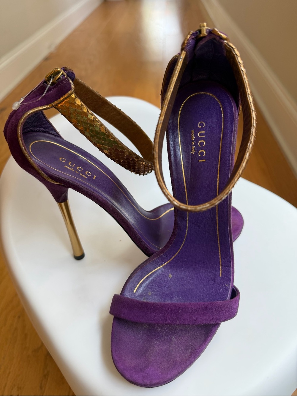 Gucci Purple Suede High Heels with Gold Snake-Texture Ankle Strap